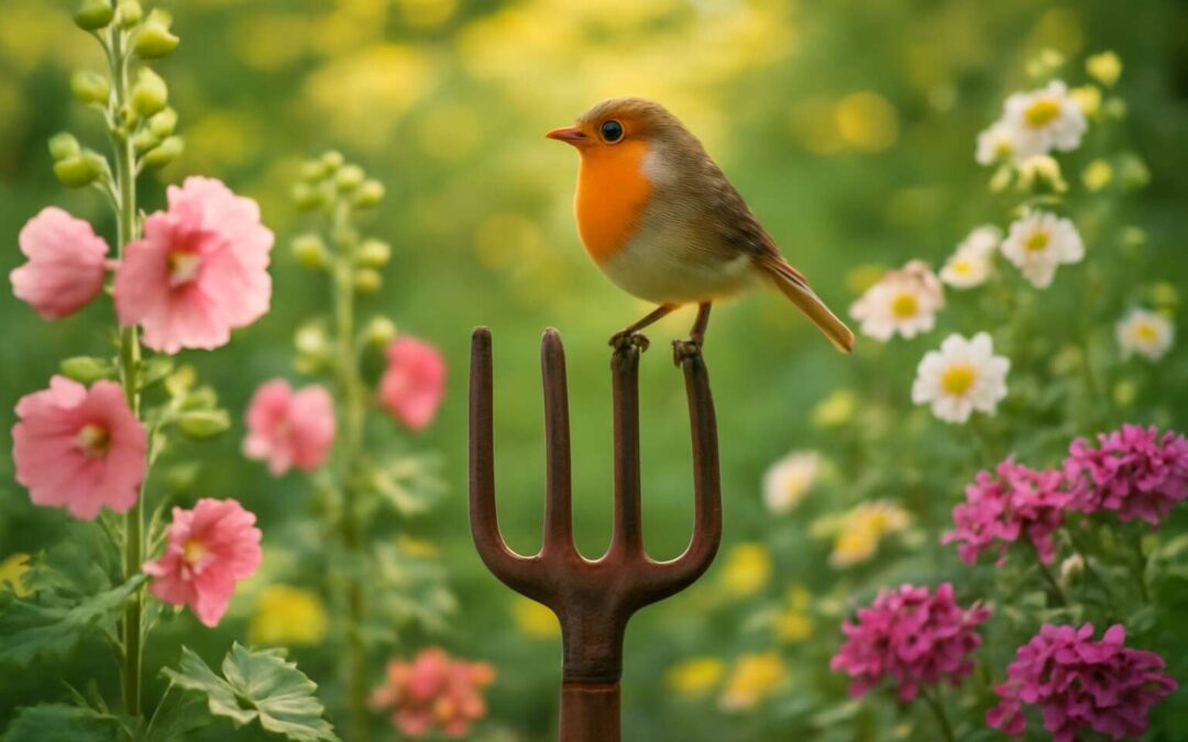 Whimsical garden centerpiece: garden ornament fork with robin adds charm.