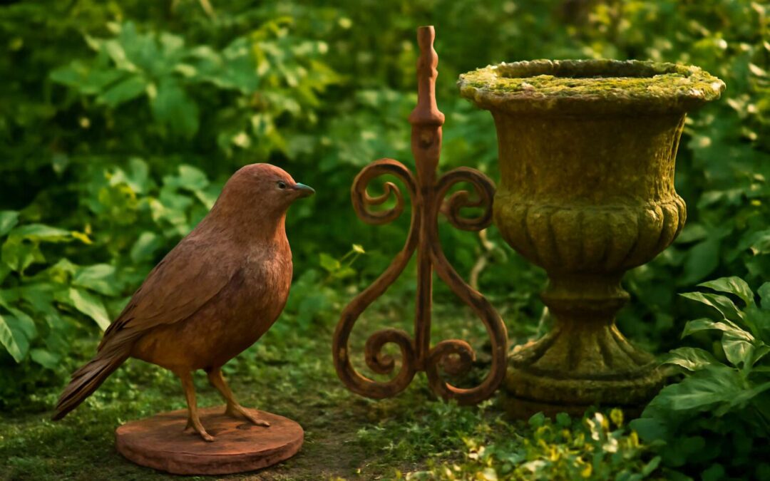 Add vintage charm with garden ornaments rusty for timeless curb appeal.